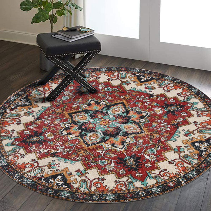 Traditional Vintage Red Floral Round Area Rug